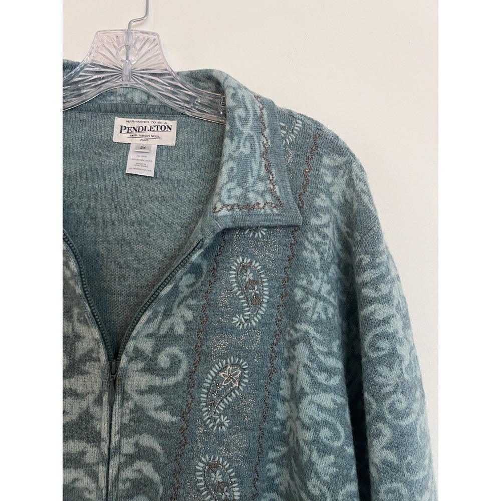 Pendleton 100% Merino Wool 2X Double Zip Sweater Cardigan Women's Damask Print